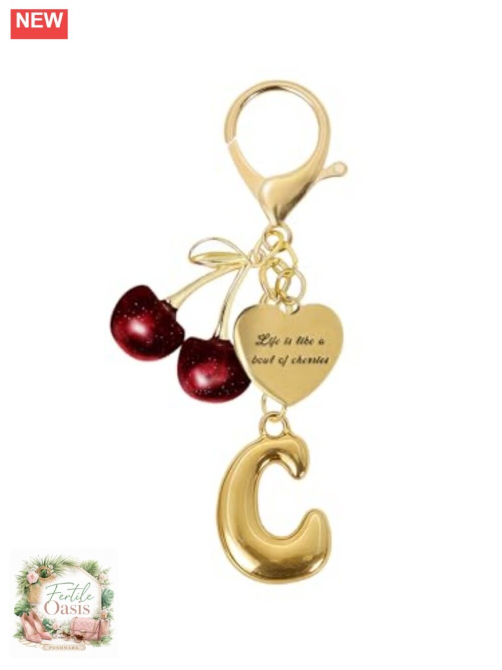 Gold Initial Cherry Keychain for Women Purse Charm Handbag Accessory Gift